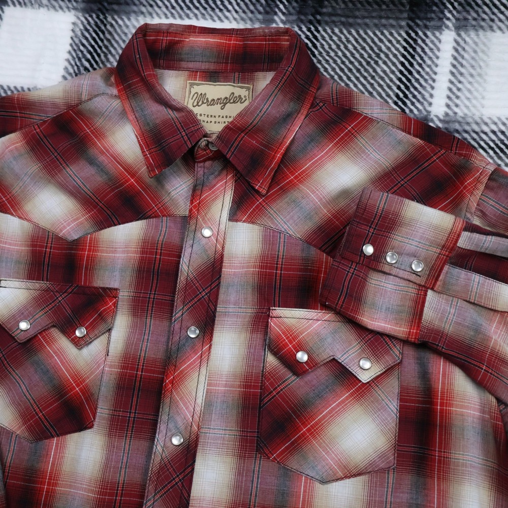 Wrangler Western Red Plaid Pearl Snap Shirt Mens Long Sleeve L2